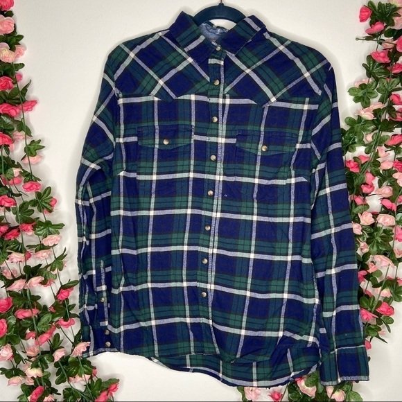Jachs Girlfriend Green Blue Plaid Button Up Med - Picture 1 of 9